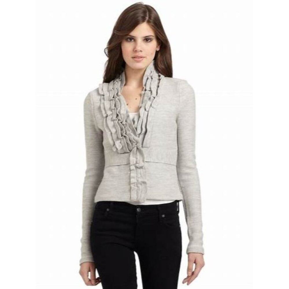 BCBGMaxAzria Gray Ruffle Wool Long Sleeve Cardigan Sweater Size Small